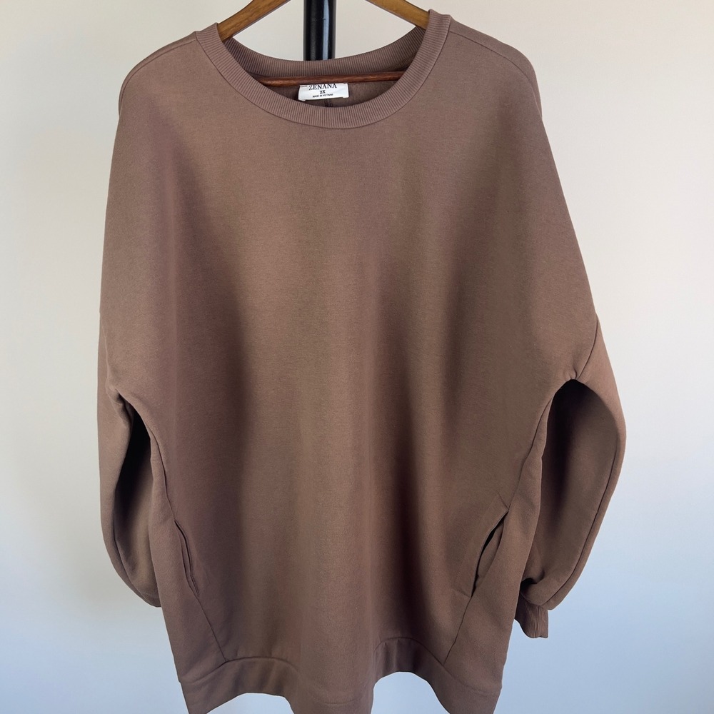 Zenana Womens 2X Brown Oversized Fleece Pockets Sweatshirt OT-2921XBA - Picture 2 of 10